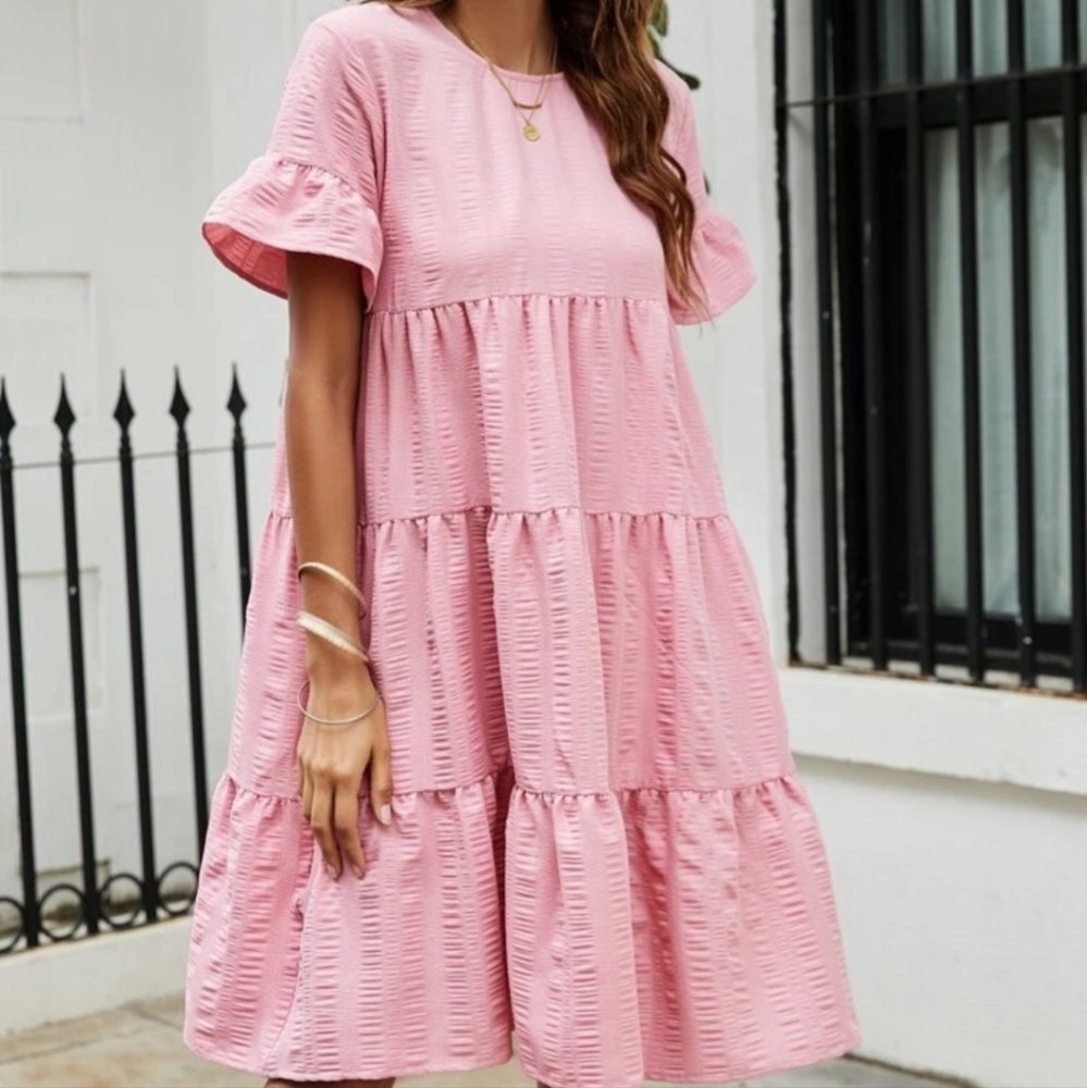 Solid flounce sleeve smock dress